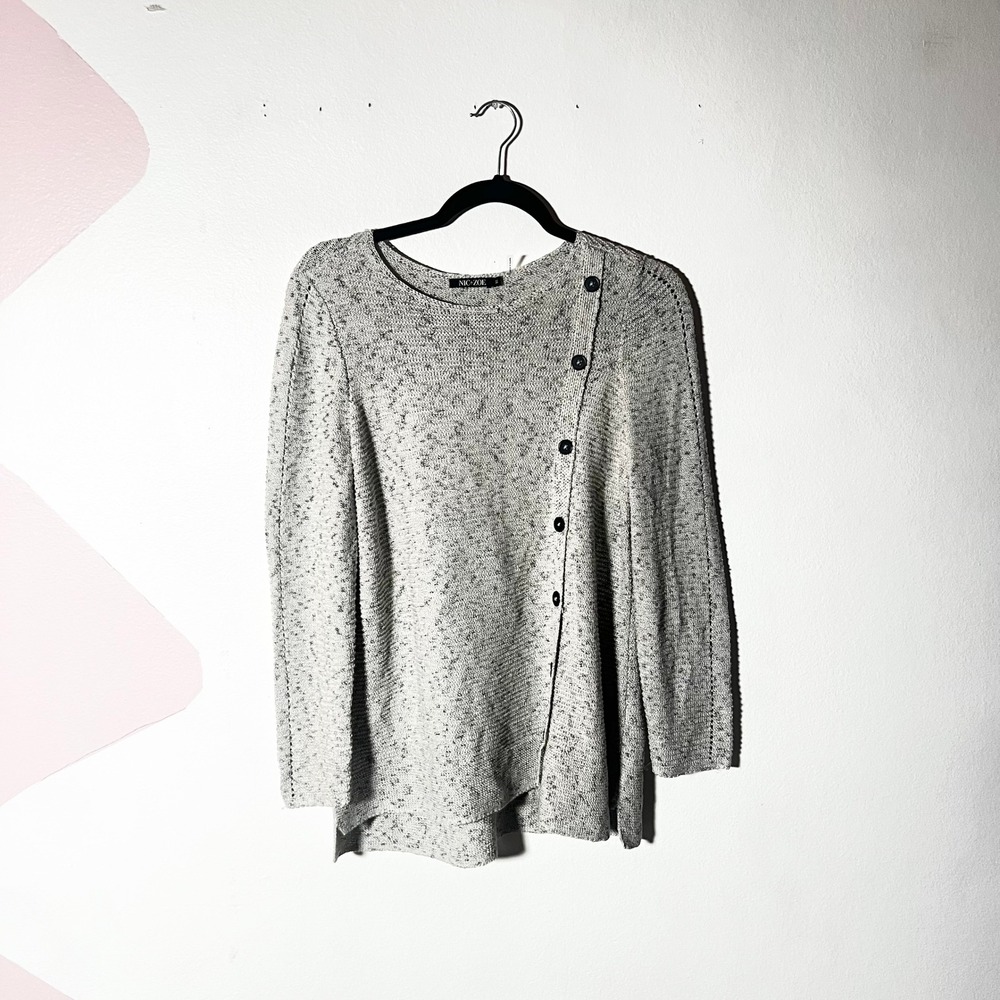NIC+ZOE Button Knit Sweater Womens Medium Grey Space Dye Asymmetrical